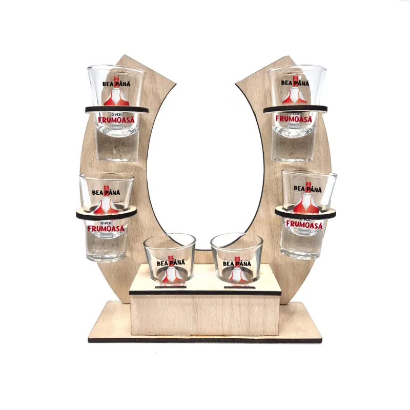 Bea pana o vezi frumoasa, suport potcoava din lemn cu 6 pahare tip shout, model hgs094